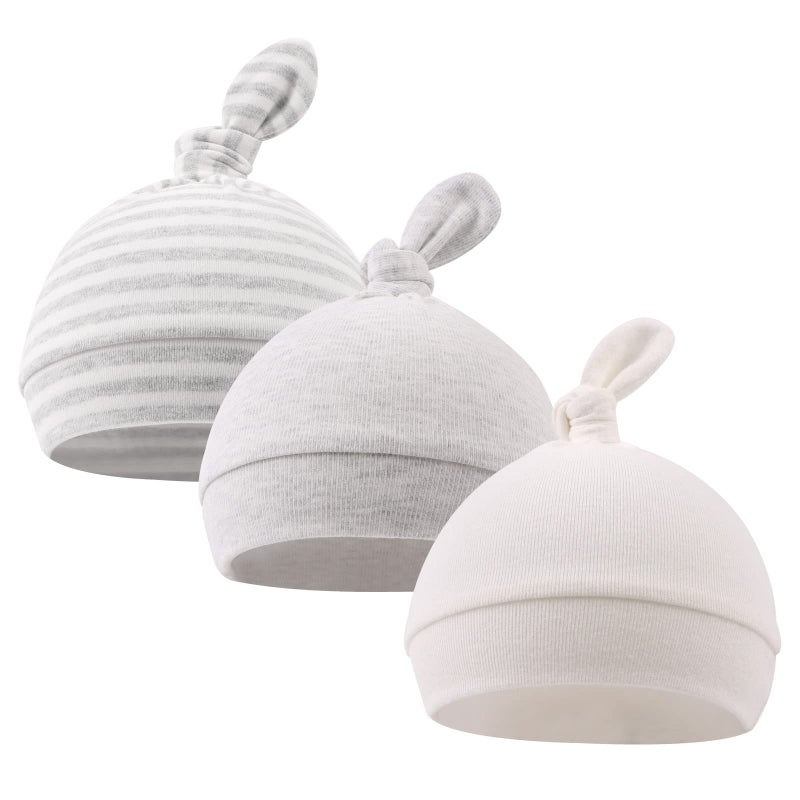 Pesaat Original Cotton Newborn Hats for Girls Striped Preemie Baby Hats Bear Ears Infant Boys Beanies 0-6 Months (Knot(White+Gray+Gray Stripe), 0-6 Months) - Image 1